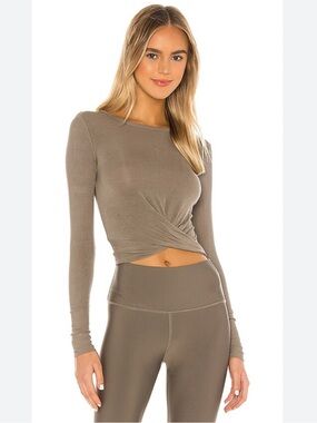 Alo Yoga Brown Cover Long Sleeve Front Twist Crop Top Size Small